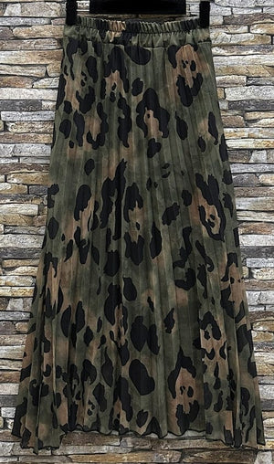 Loowie Olive Leopard Print Pleated Maxi Skirt