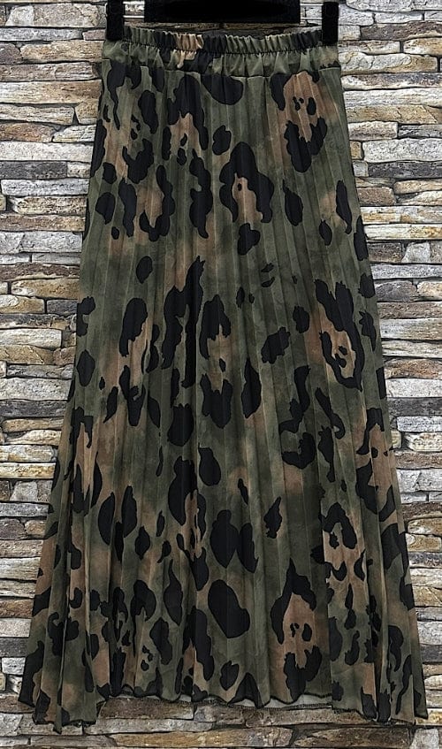 Olive Leopard Print Pleated Maxi Skirt