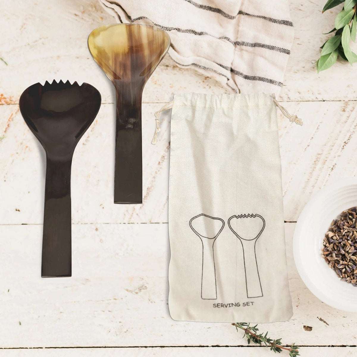 Bloomingville Bloomingville Horn Salad Servers, 2pc in Printed Drawstring Bag - Little Miss Muffin Children & Home