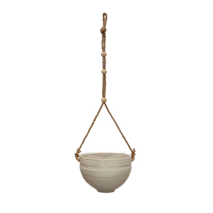 jute rope hanging planter Bloomingville Hanging Stoneware Planter with Wood Beaded Rope, Natural
