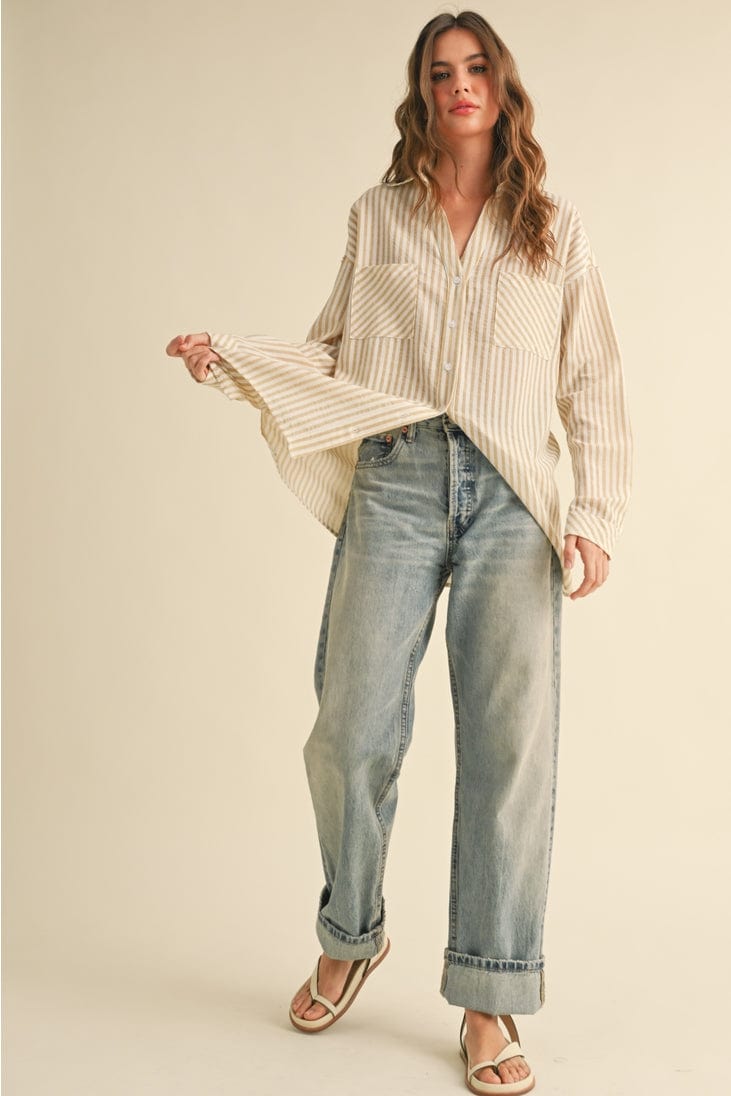 Miou Muse Striped Button Down Boyfriend Shirt in Mustard - Little Miss Muffin Children & Home