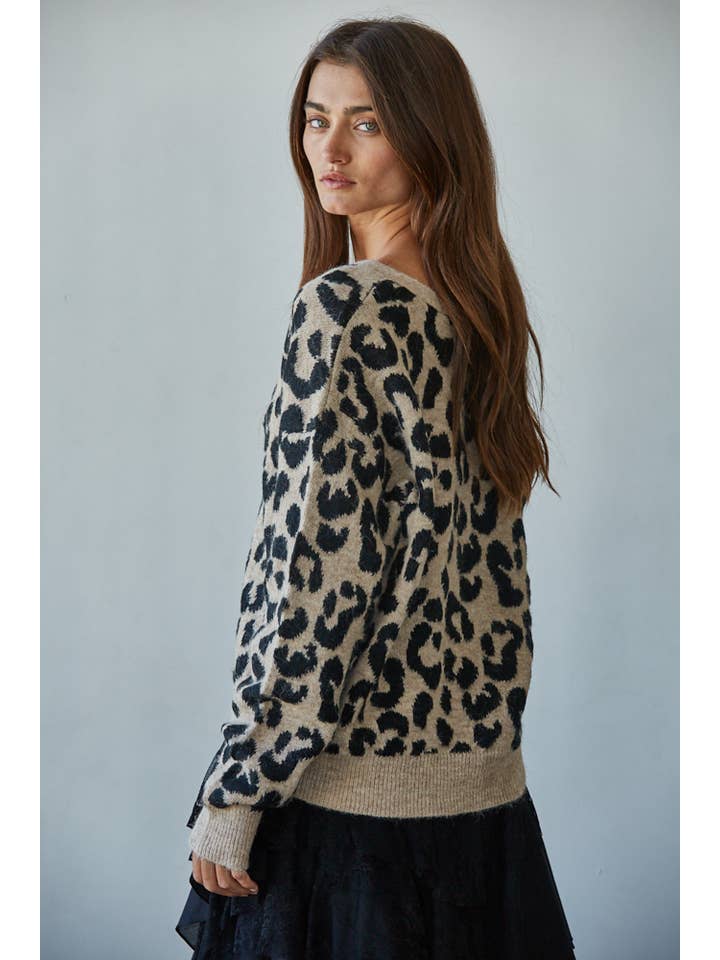 Mocha Black Knit Sweater Animal Print V-Neck Tie Front Cardigan