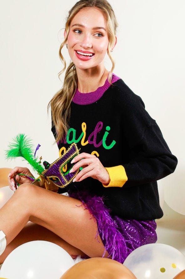 Vine & Love Vine & Love Mardi Gras Contrast Letter Sweater in Black - Little Miss Muffin Children & Home