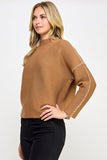 Ellison Contrast Stitch Mock Neck Sweater in Camel