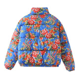 Rosa Clothing Color-Block Floral Print Padded Jacket in Blue