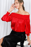 Vine & Love Smocked Off-the-Shoulder Metallic Blouse in Red