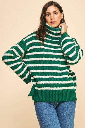 Pinch Oversized Striped Turtle Neck Sweater in Green