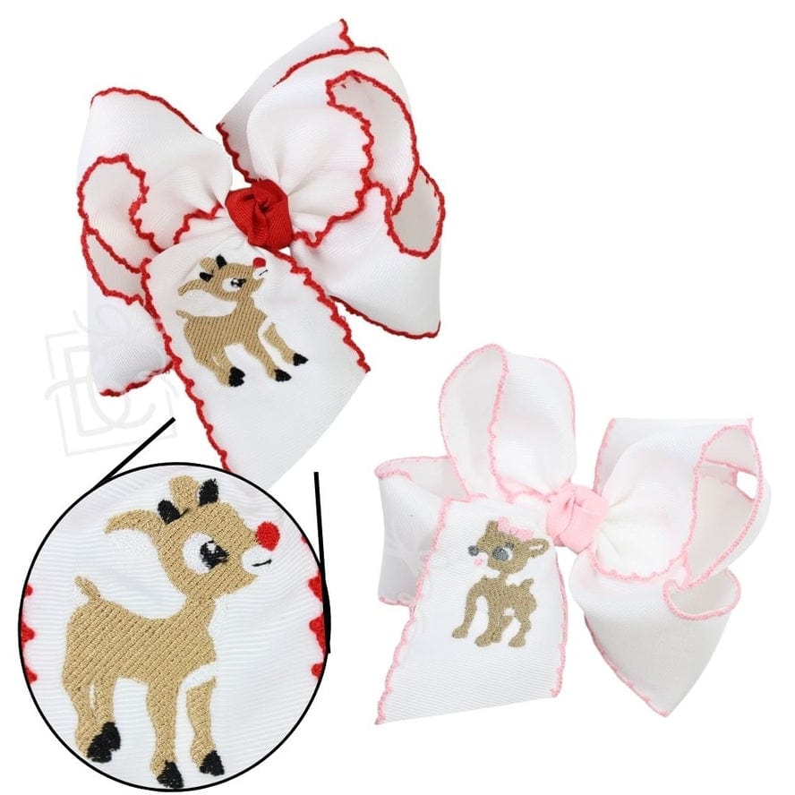 Beyond Creations Beyond Creations Embroidered Rudolf 5.5" Huge Crochet Edge Hair Bow White with Red Crochet Edge - Little Miss Muffin Children & Home