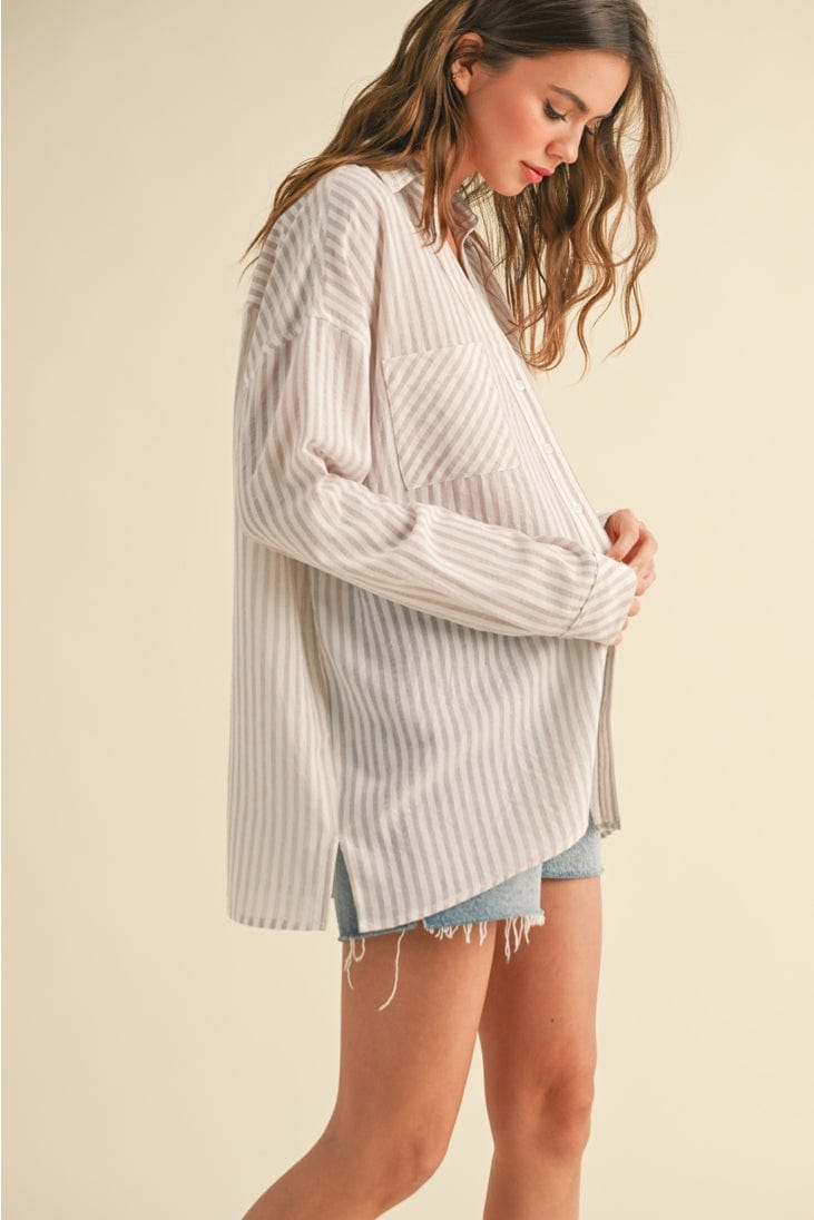Miou Muse Striped Button Down Boyfriend Shirt in Beige - Little Miss Muffin Children & Home