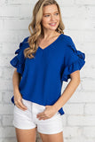 FSL Apparel Ruffled Tulip Sleeve V-Neck Top in Royal