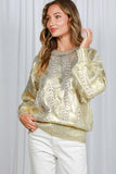 Vine & Love Crew Neck Cable Knit Metallic Foil Sweater in Gold