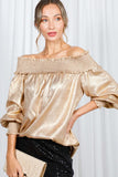 Vine & Love Smocked Off-the-Shoulder Metallic Blouse in Gold