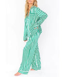 Rosa Clothing Home Satin Vertical Striped Christmas Pajama Set in Green