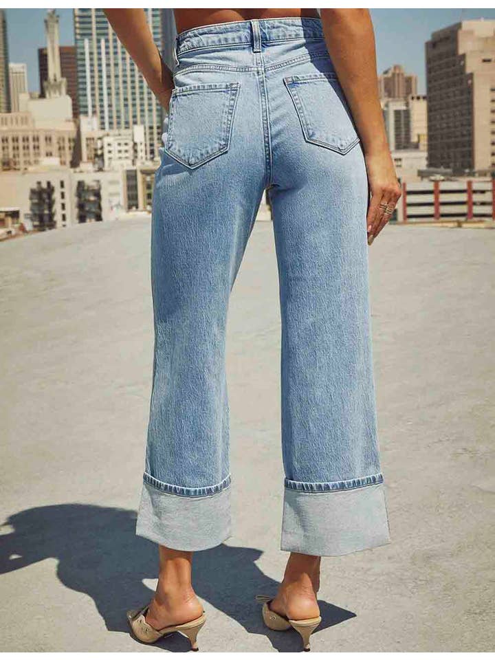 Dark Blue Ladies Rolled Hem Straight Leg Denim Pants