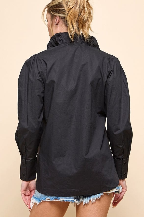 Cezele Cezele Ruffle Collar Button Down Blouse in Black - Little Miss Muffin Children & Home