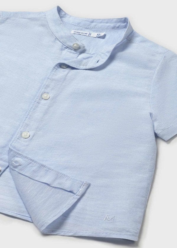 Mayoral Usa Inc Mayoral Short Sleeve Linen Mandarin Collar Button Up in Light Blue - Little Miss Muffin Children & Home