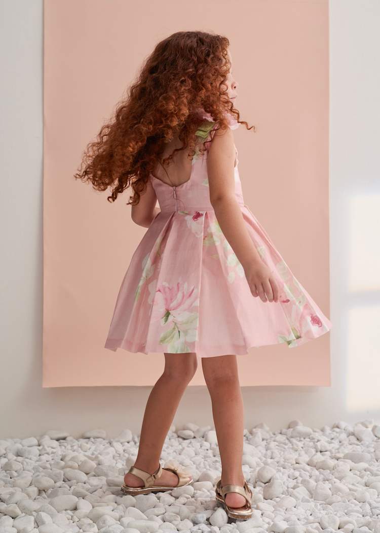 Pleated Floral Print Linen Dress