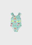 Printed Ruffled Trim Swimsuit in Turquoise