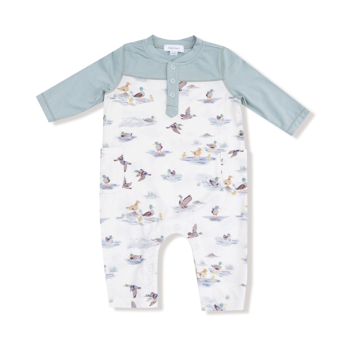 baby romper with migrating mallards and two toned sleeves