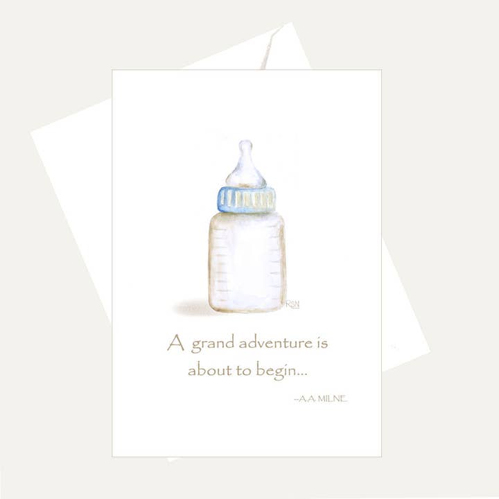 Greeting card with a baby bottle illustration and text on a white background