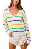 Vanilla Monkey Mardi Gras Striped V-Neck Shaggy Sweater