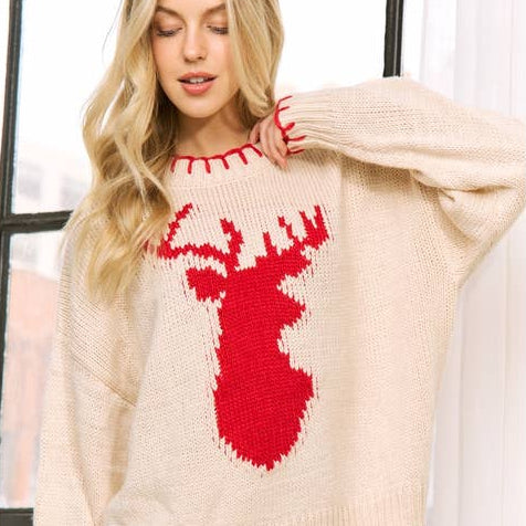 Holiday Deer Jaquard Relaxed Fit Pullover Sweater