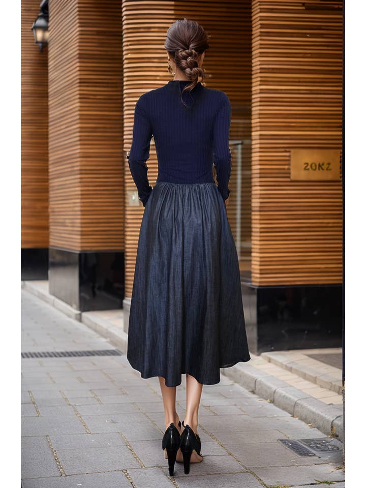 navy round neck mixed media dress