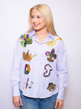 Bomb Design Purple Striped Button Down with Sequin Mardi Gras Designs