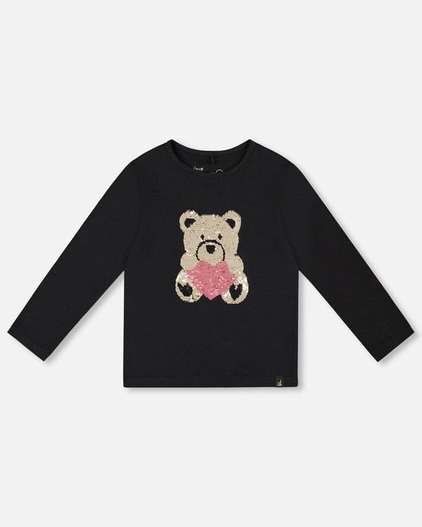 Black long-sleeve shirt with teddy bear design 