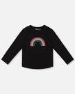 Black long-sleeve shirt with a colorful rainbow design 