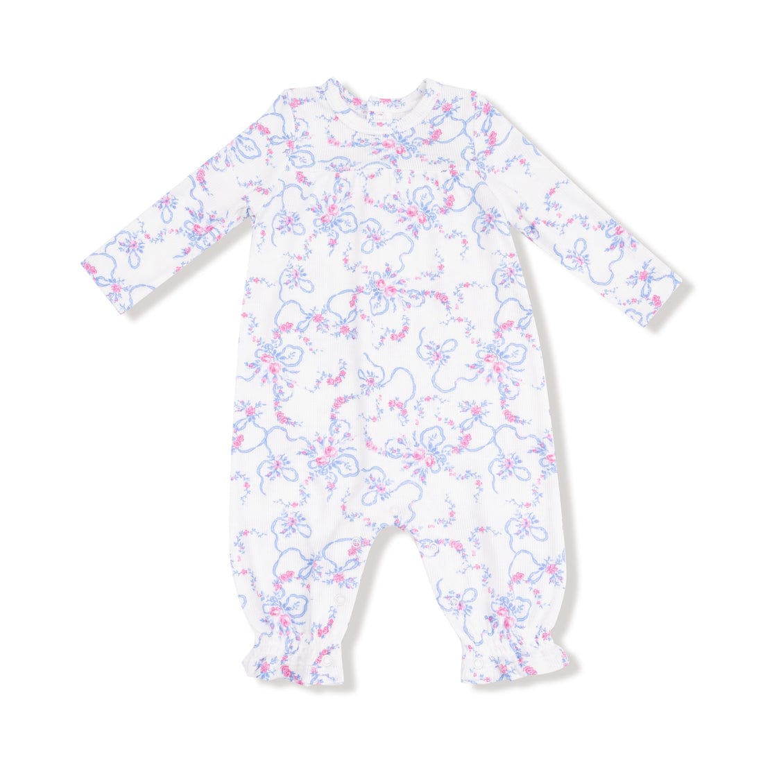 blue and pink floral ribbon baby romper