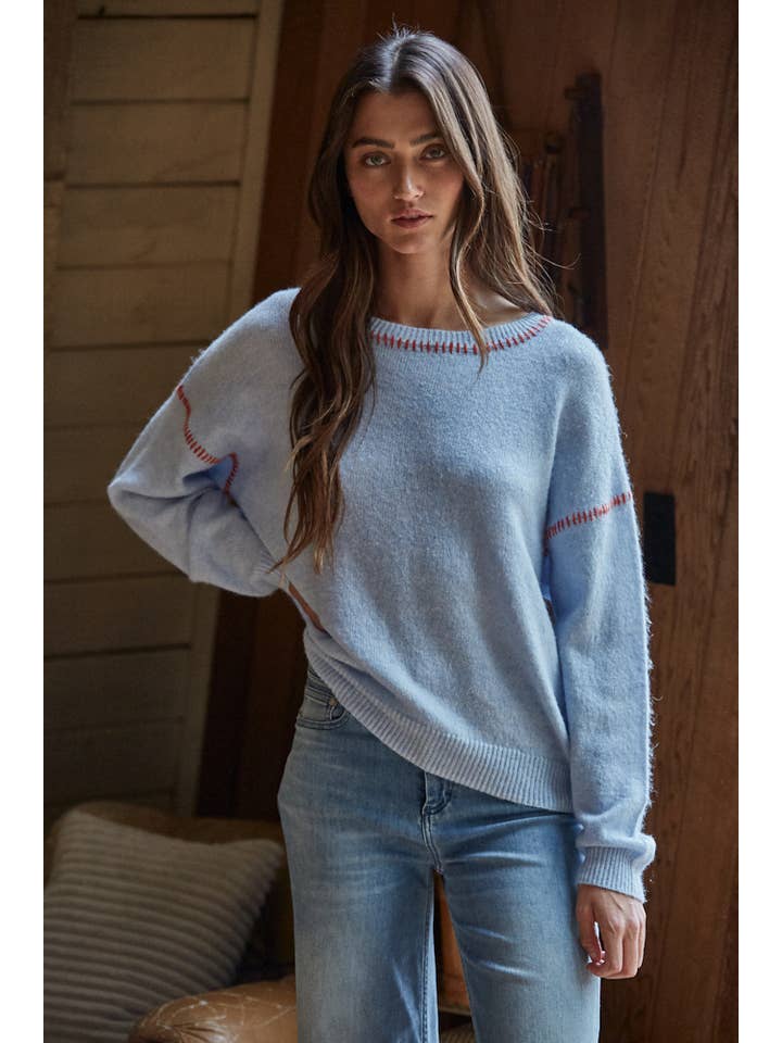 blue contrast knit sweater