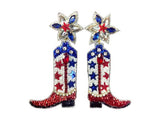Golden Lily Rhinestone Cowgirl Boots Earrings, Red, White, and Blue