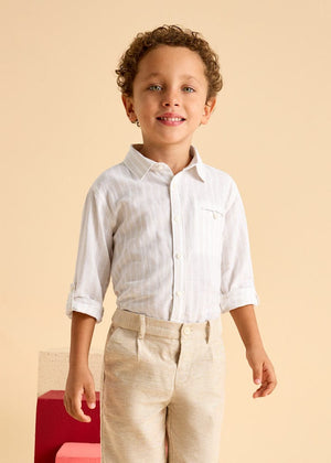 Mayoral Long Sleeve Linen Button Up Shirt in Natural Stripes