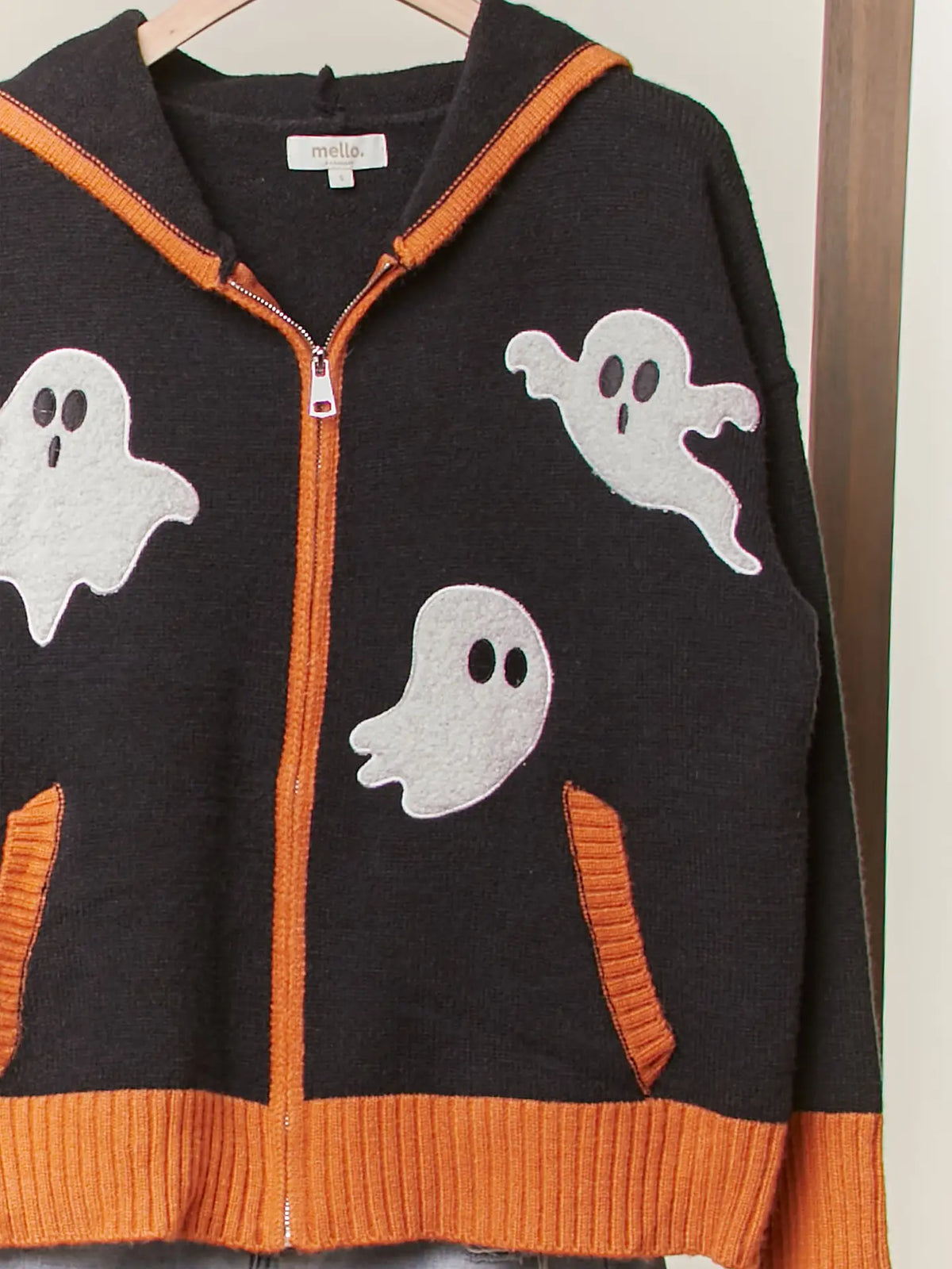 Halloween Ghost Patch Zip-Up Hoodie Sweater