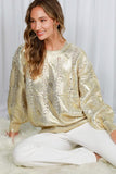 Vine & Love Crew Neck Cable Knit Metallic Foil Sweater in Gold