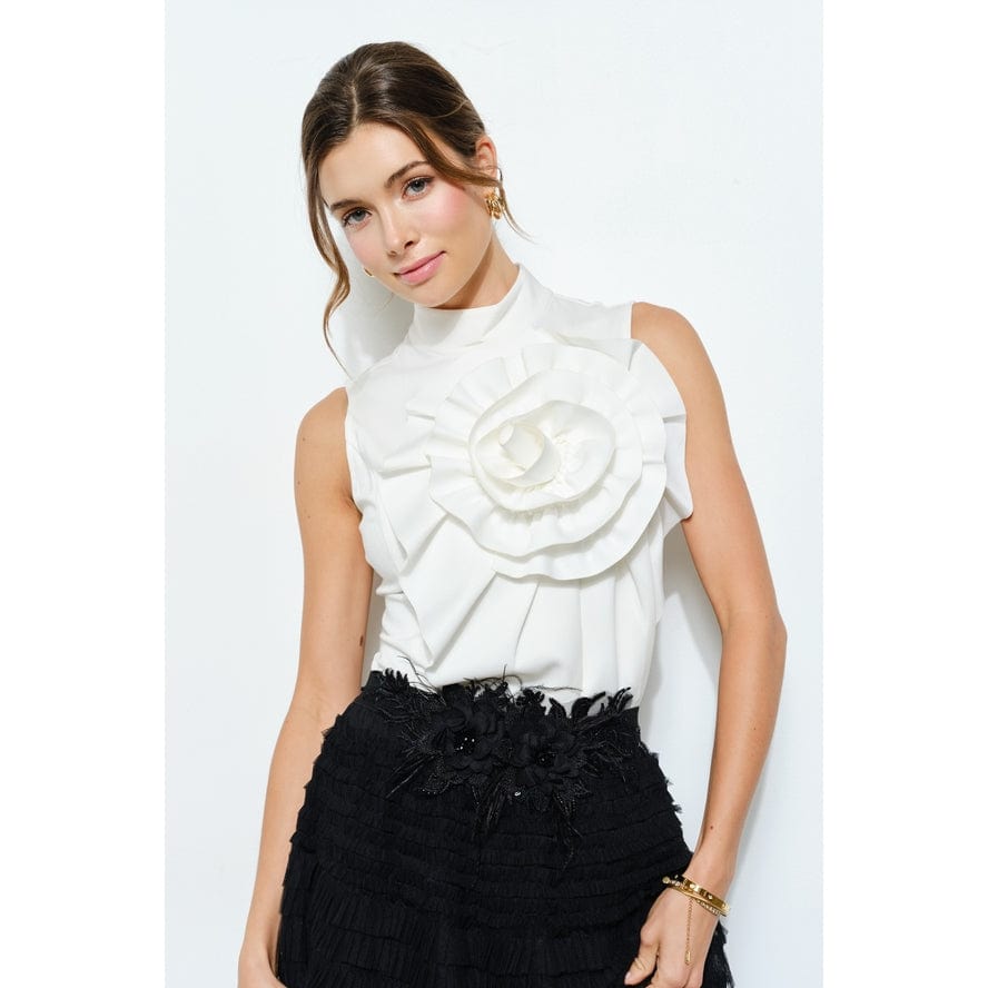 INA Floral Applique Pleated High Neck Top in Ivory - Little Miss Muffin Children & Home