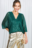 Vine & Love Vine & Love Allover Sequin V-Neck Dolman Sleeve Blouse in Hunter Green - Little Miss Muffin Children & Home