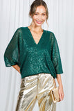 Vine & Love Allover Sequin V-Neck Dolman Sleeve Blouse in Hunter Green