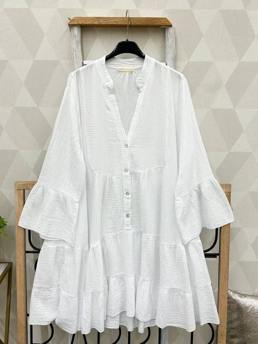 White 3/4 Sleeves Gauze Cotton Italian Short Dress