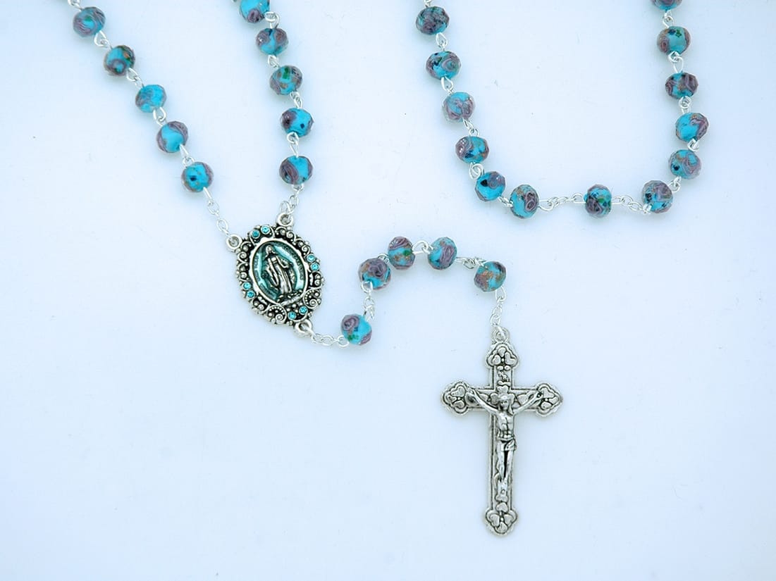 Italian Rosary Aqua Blue Glass with Rose