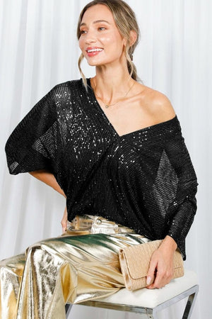 Vine & Love Allover Sequin V-Neck Dolman Sleeve Blouse in Black