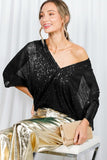 Vine & Love Allover Sequin V-Neck Dolman Sleeve Blouse in Black