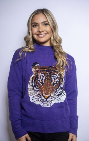 Bomb Designs Geauxlden Sequin Tiger Sweater