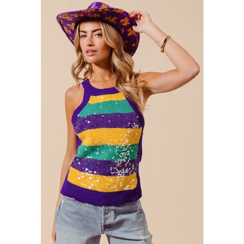 Ive Ive Mardi Gras Stripe Tank Sweater with Clear Sequins - Little Miss Muffin Children & Home