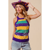 Ive Mardi Gras Stripe Tank Sweater with Clear Sequins