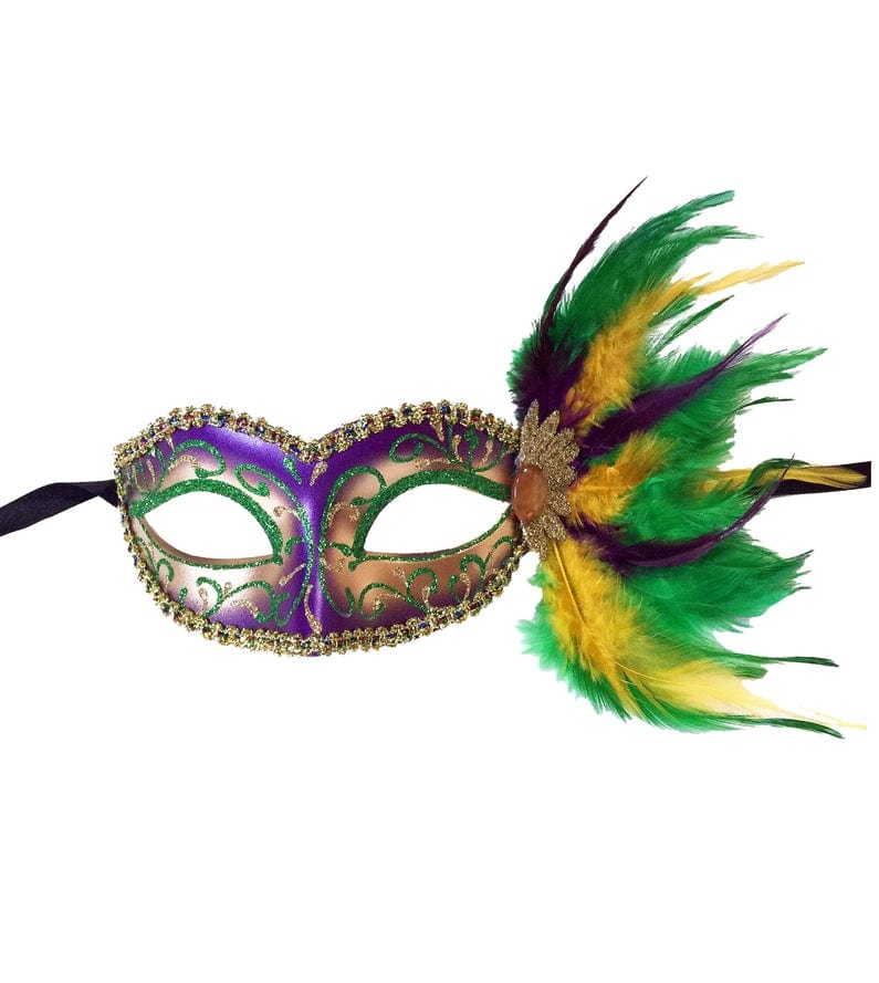 Mardi Gras Creations Glitter Swirl Mask with Feather & Tulle Flower ...