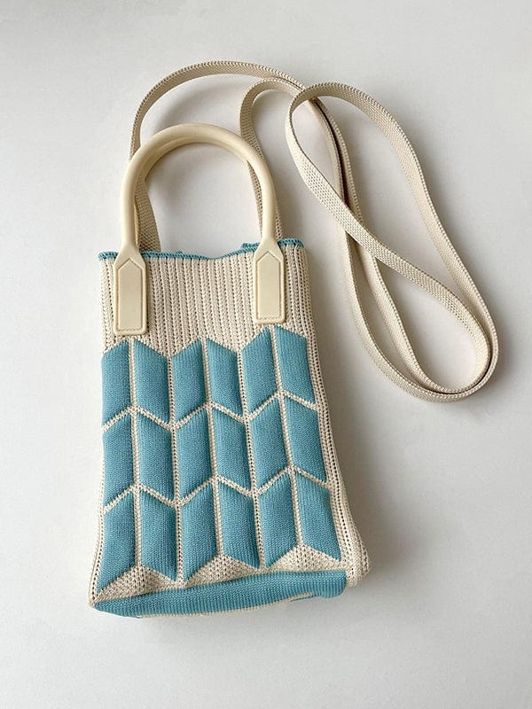 FurDecoration Blue & Ivory Contrast Geometric Knit Bag with Silicone Handle and Long Knit Strap - Little Miss Muffin Children & Home