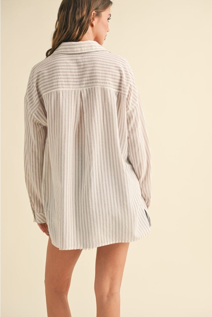 Miou Muse Striped Button Down Boyfriend Shirt in Beige - Little Miss Muffin Children & Home