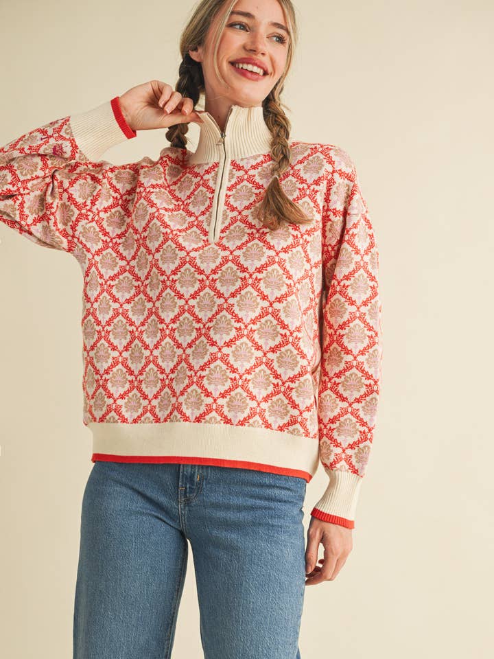 Floral Mock Neck Half Zip Pullover in Red Orange Multi